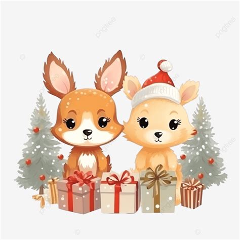 Merry Christmas Celebration Cute Fox Deer Rabbit Tree Gifts Snow Deer