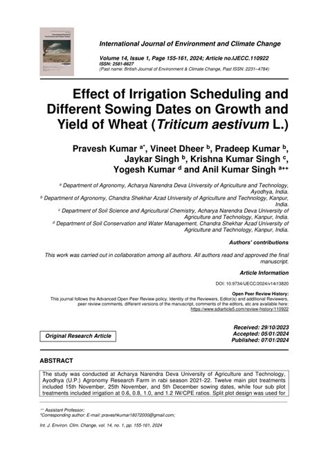 Pdf Effect Of Irrigation Scheduling And Different Sowing Dates On