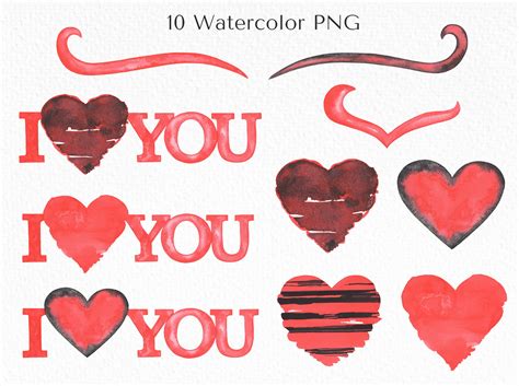 Watercolor I Love You Clipart Valentine S Red Hearts Red Text I Love You Etsy