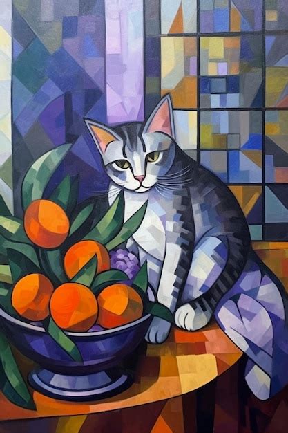 Una Pintura De Un Gato Con Naranjas Foto Premium