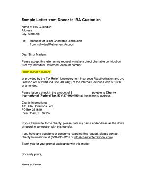 Fillable Online Sample Letter From Donor To Ira Custodian Charity