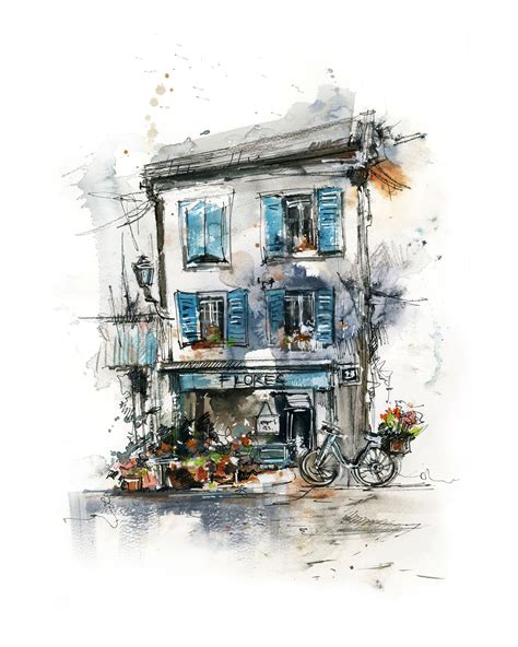 Storefront Watercolor Sketch Art Print Flores Shop And European