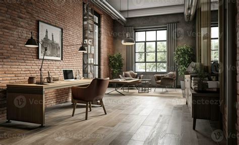 Modern office Interior with old vintage brick Wall. Art work business ...