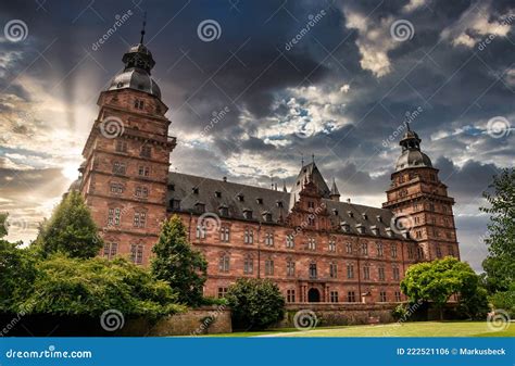 Castle Johannisburg, Aschaffenburg at Sunset with Cloudy Sky and Park in Forefront, Germany ...