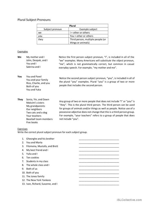 Plural Subject Pronouns general gram…: English ESL worksheets pdf & doc