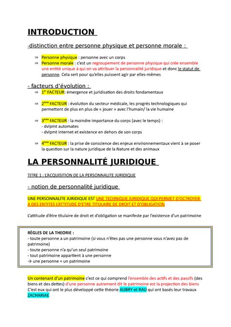 Fiches Droits Des Personnes Introduction Distinction Entre Personne Physique Et Personne