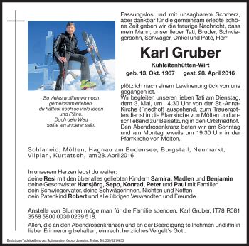 Traueranzeigen Von Karl Gruber Trauer Bz