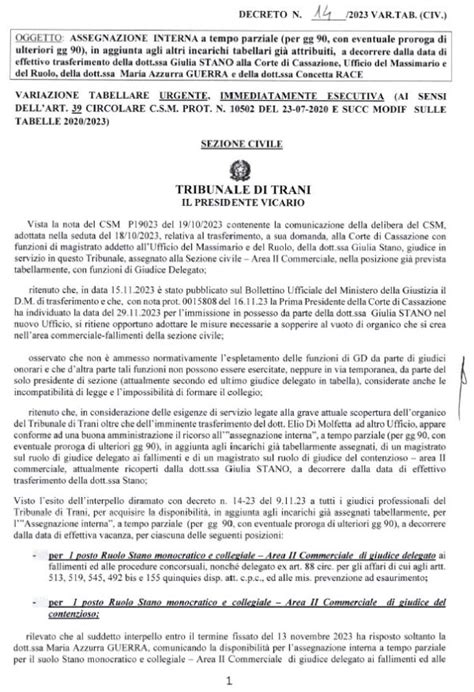 TRIBUNALE DI TRANI VARIAZIONE TABELLARE RUOLO DOTT SSA STANO Decreto