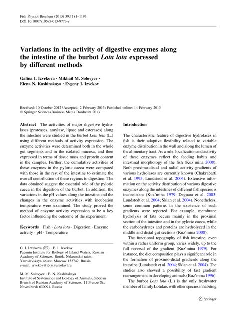 Pdf Activity Of Digestive Enzymes In Burbots Lota Lota Linnaeus Depending On Their