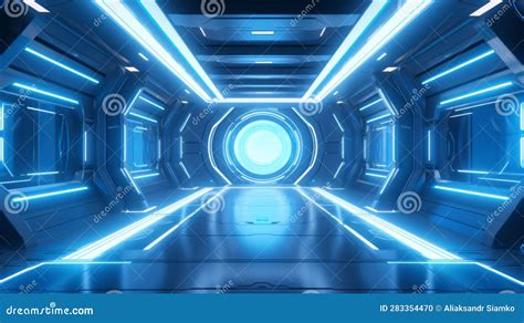 Blue Spaceship Interior With Neon Lights On Panel Walls Futuristic