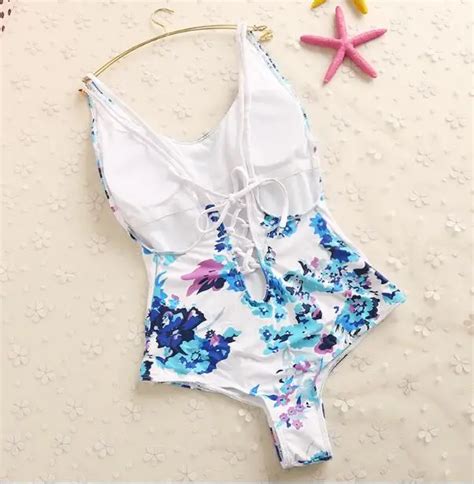 New Sexy Bandage One Piece Swimsuit Women Print Blue Floral Swimwear