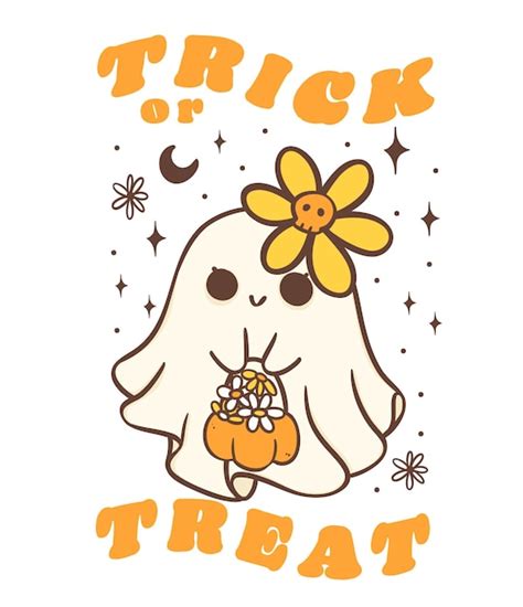 premium vector cute halloween ghost  daisy flower kawaii retro