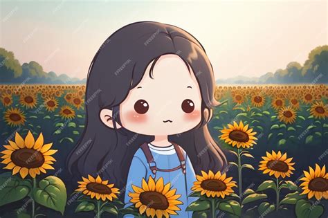 Premium Photo Cute Cartoon Girl Standing On Yellow Sunflower Field Background Wallpaper