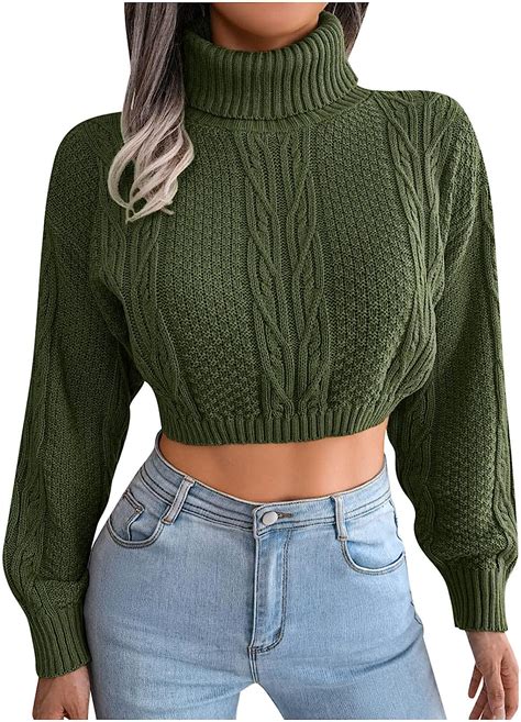 Damen Warm Strickpullover Sexy Crop Pullover Lang Einfarbig V