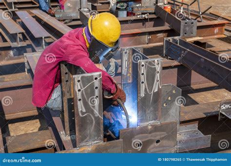 The Welder Is Welding A Steel Structure Work Stock Image Image Of