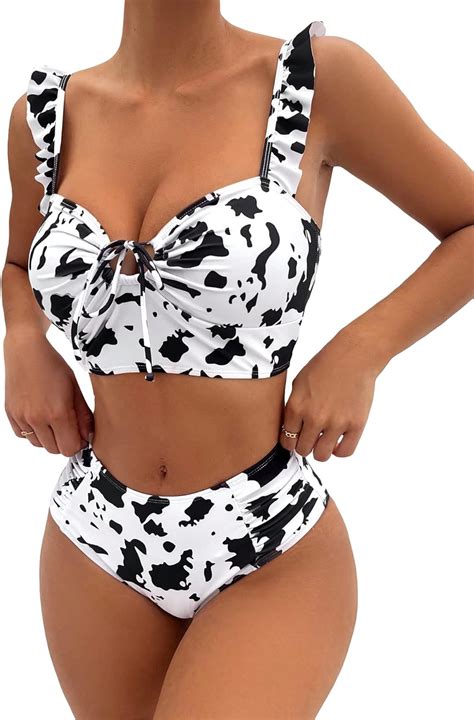 Amazon SHENHE Women S Cow Print 2 Piece Bikini Set Ruffle Trim