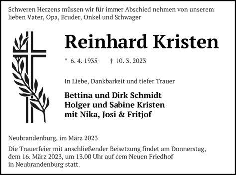 Traueranzeigen Von Reinhard Kristen Trauer Nordkurier