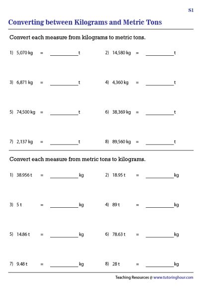 Convert Between Kilograms And Metric Tons Worksheets