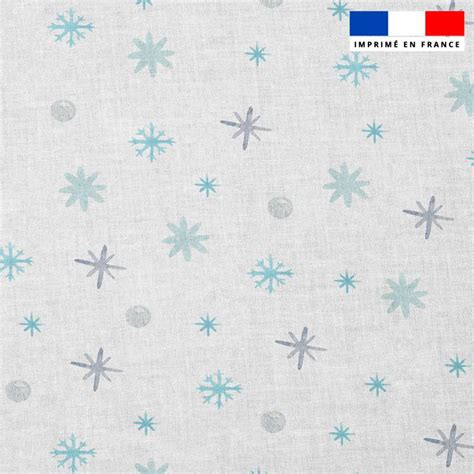 Popeline De Coton Peign Motif Flocons De Neige Bleus Et Gris Tissus