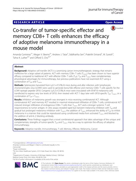 PDF Co Transfer Of Tumor Specific Effector And Memory CD8 T Cells