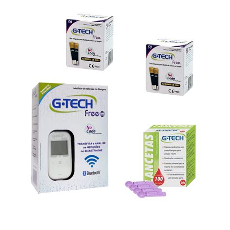 Kit Medidor De Glicose Free Smart 100 Tiras 100 Lancetas G Tech