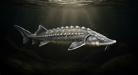 sturgeon acipenseridae swims  dimly lit freshwater  elongated