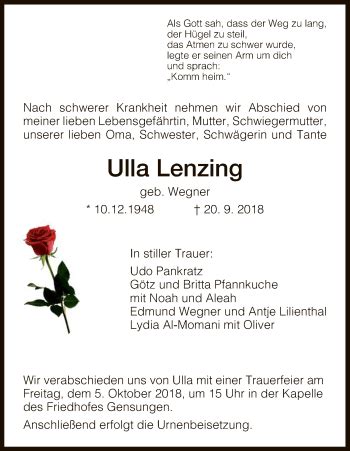 Traueranzeigen Von Ulla Lenzing Trauer Hna De