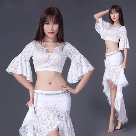 Fashion Lace Short Sleeve Irregular Skirt Sexy Belly Dance 2pcs Set For