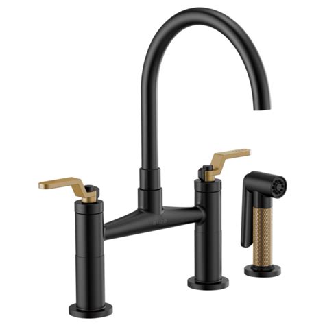 Brizo Litze® Bridge Faucet With Arc Spout And Industrial Handle In Matte Black Luxe Gold