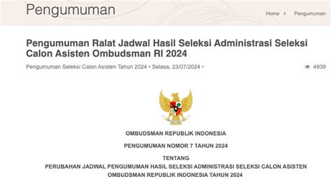 Pengumuman Lulus Administrasi Asisten Ombudsman 2024 Diundur Jadi