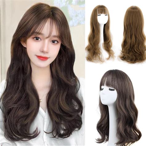 [yan K] Long Curly Hair Wig With Air Bangs Women Girls Big Wave Natural Hair Extension Full