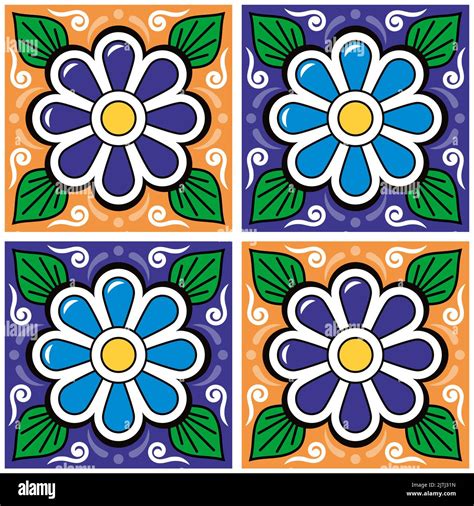 Floral Vibrant Tiles Design Seamless Background Inspired By Folk Art From Mexico Stock Vector