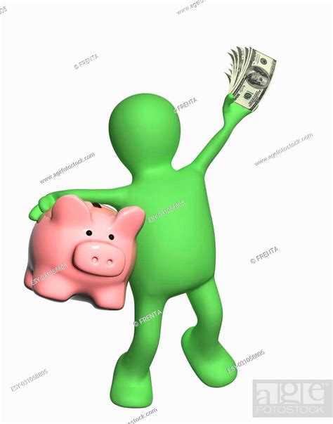 Happy Puppet With Piggy Bank And Banknotes Of Dollars Isolated On