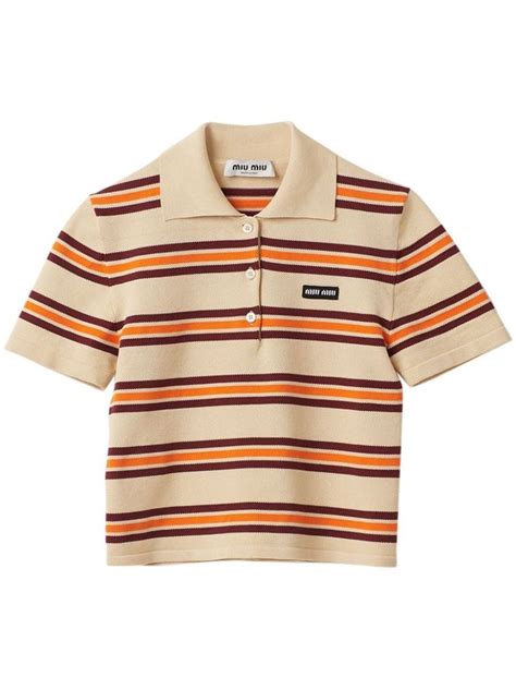 Miu Miu Camisa Polo Listrada Neutro In Striped Knit Shirts