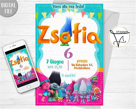 Digital Invitation Birthday Party Trolls Printable Invitation Invio