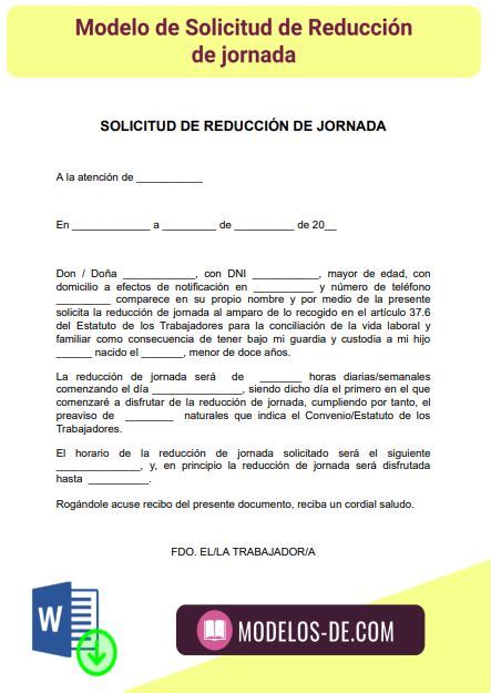 Modelo de Solicitud de Reducción de Jornada Word Gratis