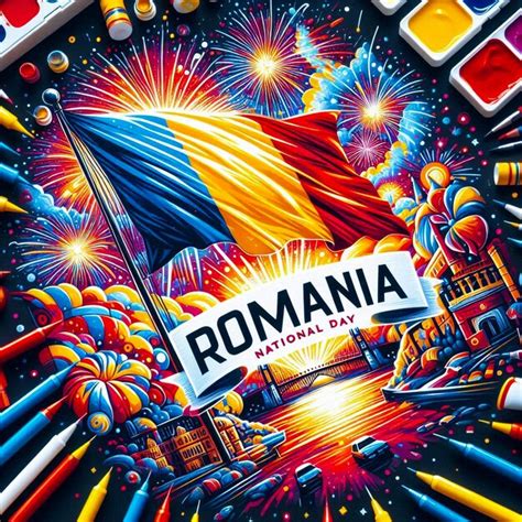 Lively Romania National Day Scene with Fireworks and Waving Romanian ...