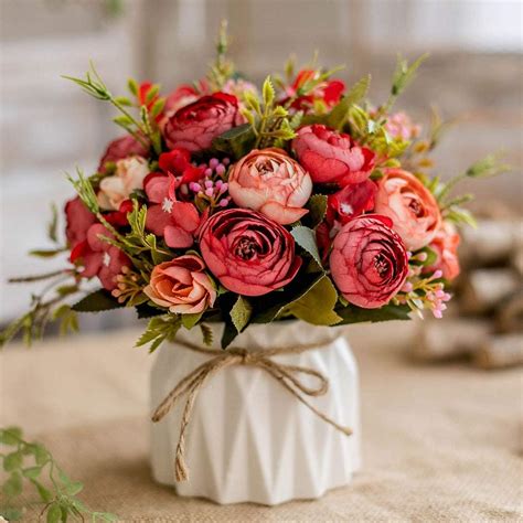 Artificial Flowers Fake Flowers Silk Rose Bouquets Decoration With Ceramics Vase For