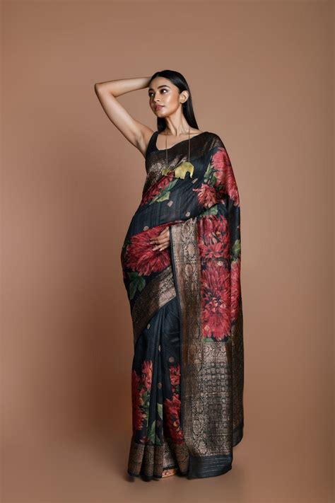 Handwoven Floral Printed Tussar Silk Banarasi Saree Trends Tussar