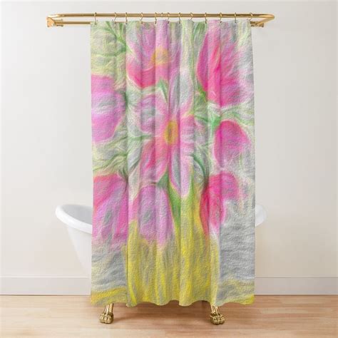 A Shower Curtain With Pink And Green Flowers On The Outside In Front Of A White Bath Tub