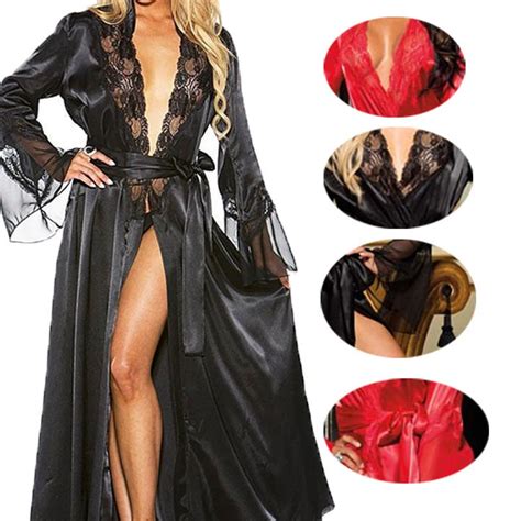 Women Sexy Silk Kimono Long Dressing Gown Sexy Lace Neck Lingerie