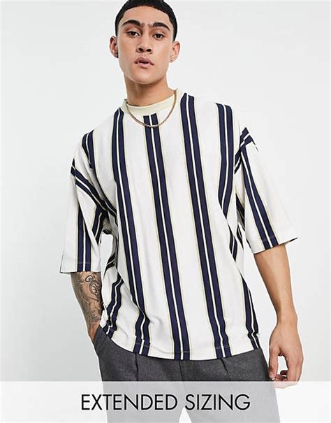 Asos Design Oversized Vertical Stripe T Shirt In White And Beige Asos