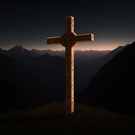 Una cruz con la palabra jesús en medio de una montaña Foto Premium