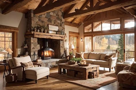 Premium Ai Image Rustic Charm Cozy Countryside Cabin Living Room