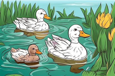 Premium Photo | A cartoon drawing of a duck and two ducks swimming in ...