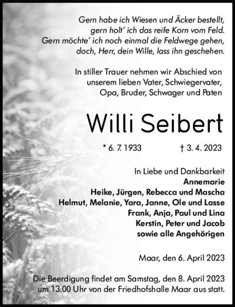 Traueranzeigen Von Willi Seibert Vrm Trauer De