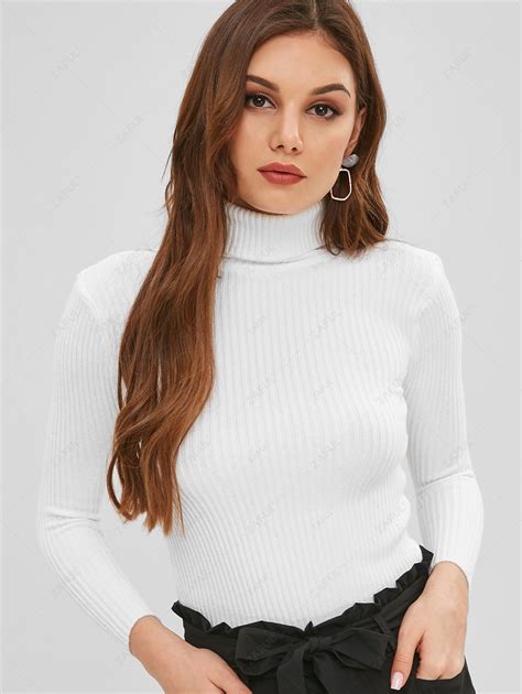 Slim Ribbed Turtleneck Sweater In White Zaful 2024