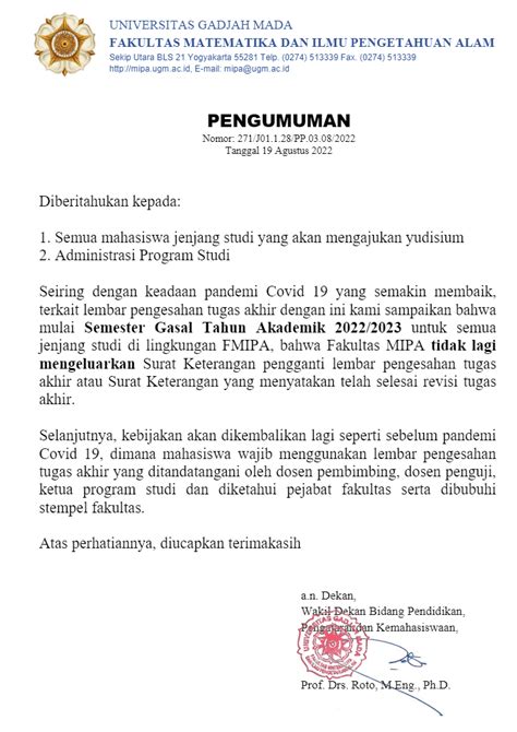 Fakultas Mipa Tidak Lagi Mengeluarkan Surat Keterangan Pengganti Lembar