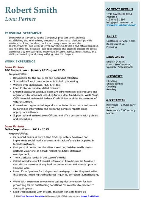 Loan Partner Resume Samples QwikResume