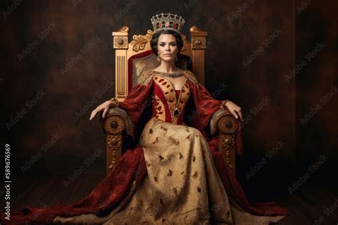 Regal Queen With A Crown On Her Head And A Luxurious Gown Seated On